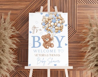 Valentine Boy Shower Poster Instant Download, Teddy Bear Baby Shower Welcome Sign: Blue Balloons (Digital)