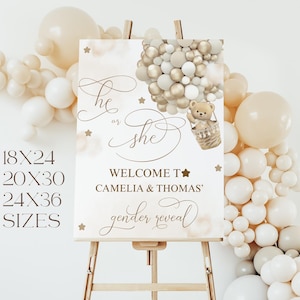 Teddy Bear Gender Reveal Welcome Sign, Bear Neutral Hot Air Balloons Gender Reveal Welcome Sign Digital ,Bear Gold Balloons Gender Reveal