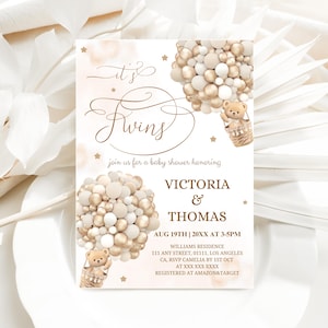 Bear Twins Baby Shower Invitation, Gender Neutral Twins Baby Shower Editable Template