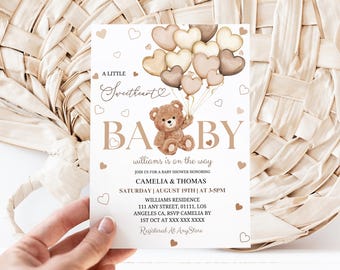 Valentine Bear Balloons Boy Girl Baby Shower Invitation, Editable Template (Digital Download Canva)