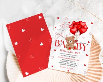 Valentine Teddy Gender Reveal Invitation: Red Heart Balloons (Editable Template, Canva)