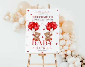 Twins Valentine Teddy Bear Baby Shower Welcome Sign: Bears with Red Hearts & Balloons Gender Neutral Poster ( 18x24 Digital)