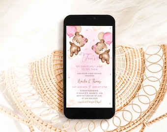 Twin Girls Bear Baby Shower Invitation: Pink Balloons (Editable Template)