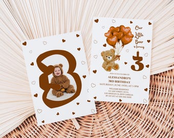 Third Birthday Photo Invitation, Brown Teddy Bear with Balloons 3rd Invite (Canva Editable Template)