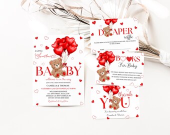 Valentine Bear Baby Shower Invitation Bundle (Digital Canva Template)