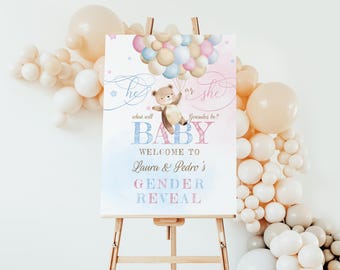 Bear Gender Reveal Poster, Teddy Bear With Balloons Baby Shower He or She Sign Digital