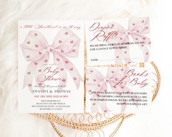 Valentine Girl Baby Shower Invitation Bundle: Coquette Preppy Pink Bow Pregnancy Invitation (Digital Download)