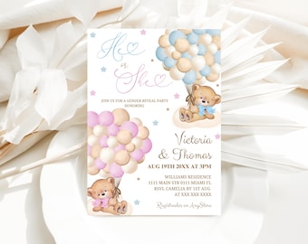 Bear Gender Reveal Invitation: Pink and Blue Balloons (Digital)