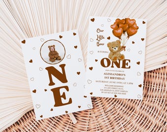 1ST Birthday Invitation, Brown Teddy Bear with Balloons Invite, Boy or Girl Bday Evite (Canva Editable Template)