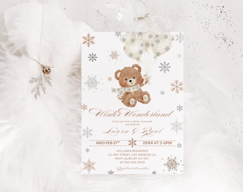 Winter Wonderland Gender Neutral Baby Shower Invitation, Teddy Bear Neutral Balloons (Editable Template Canva)