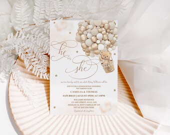 Teddy Bear Gender Reveal Invitation: Boho Hot Air Balloon (Digital)