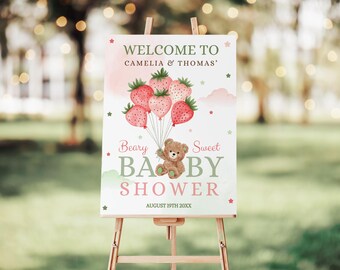 Teddy Bear Baby Shower Welcome Sign: Strawberry Balloons (Digital)