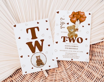 Bear 2nd Birthday Photo Invitation, Brown Teddy with Balloons and Hearts Invite, Boy Girl Bear Bday (Canva Editable Template)