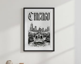 Black and White Chicago Skyline Print, Vintage Style Poster