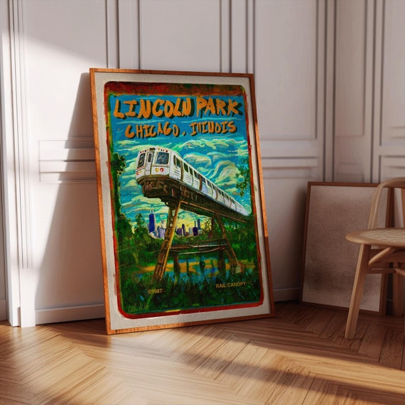 Vertical Poster, Retro Cover Art Print of Chicago's Lincoln Park CTA Train Skyline Scene, Matte Wall Art, Wall Decor, Home Decor,