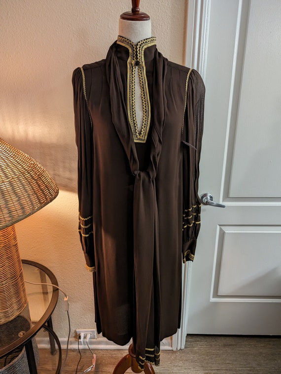 Vintage Women's Brown Dress with Metallic Trim (R6