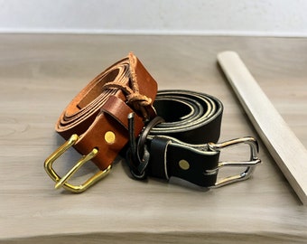 1.25",Handmade Men's leather belt in Black or Medium Brown, Square Buckle, a classic fit for both work and casual wear. 100% Full Grain.