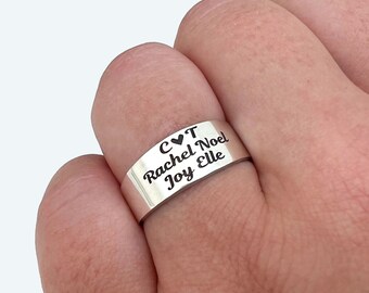 Wide Sterling Silver Ring, Custom Cigar Band, Personalized with Names, Slanted Style for Comfort, Thumb Ring, Handmade Jewelry, Gift for Her