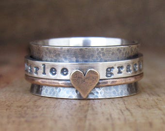 Spinner Ring, Spinning Ring, Sterling Silver Ring, Fidget Ring, Hammered Ring, Worry Ring, Rustic Ring, Mixed Metal