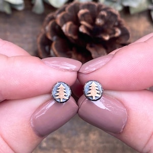 May include: A pair of silver stud earrings with a gold tree design.