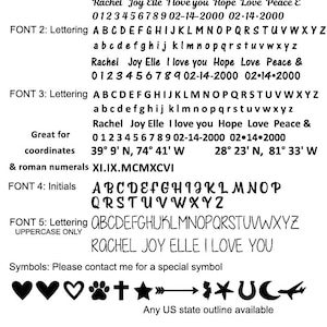 May include: A black and white image showing different font styles for letters, numbers, and roman numerals. The image also includes a list of symbols, including hearts, a paw print, a cross, a star, an arrow, a horseshoe, a crescent moon, and an airplane. The text in the image reads: "FONT 1: Lettering A B C D E F G H I J K L M N O P Q R S T U V W X Y Z a b c d e f g h i j k l m n o p q r s t u v w x y z Rachel Joy Elle I love you Hope Love Peace E 0123456789 02-14-2000 02-14-2000 FONT 2: Lettering A B C D E F G H I J K L M N O P Q R S T U V W X Y Z a b c d e f g h i j k l m n o p q r s t u v w x y z Rachel Joy Elle I love you Hope Love Peace & 0123456789 02-14-2000 02-14-2000 FONT 3: Lettering A B C D E F G H I J K L M N O P Q R S T U V W X Y Z a b c d e f g h i j k l m n o p q r s t u v w x y z Rachel Joy Elle I love you Hope Love Peace & 0123456789 02-14-2000 02-14-2000 Great for coordinates 39&deg; 9' N, 74&deg; 41' W 28&deg; 23&prime; N, 81&deg; 33' W & roman numerals XI.IX.MCMXCVI FONT 4: Initials A B C D E F G H I J K L M N O P Q R S T U V W X Y Z FONT 5: Lettering A B C D E F G H I J K L M N O P Q R S T U V W X Y Z UPPERCASE ONLY RACHEL JOY ELLE I LOVE YOU Symbols: Please contact me for a special symbol ♡♡♡+★&rarr;UC Any US state outline available"