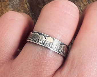 Mountain Ring, Sunset Jewelry, Solid Gold and Sterling Silver, Nature Jewelry, Handmade, Nature Lover Gift, Wanderlust, Mixed Metal, Rustic