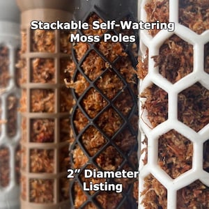 May include: Three stackable self-watering moss poles, 2 inches in diameter. The poles are made of different materials: brown plastic, black plastic, and white plastic. Each pole is filled with brown moss.