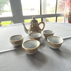 Vintage Thai Lusterware Miniature Tea Set with Gold Trim – White Iridescent Porcelain Teapot + 5 Cups