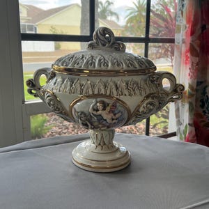 Capodimonte Tureen with Maker’s Mark | Italian Porcelain Pedestal Centerpiece | Vintage Cherub Covered Dish | Rococo Baroque Decor