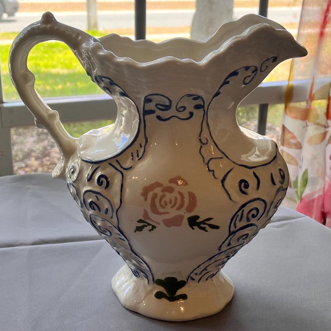 Vintage 1979 Hand-painted Ceramic Pitcher | Gibson Signed Blue & Pink ...