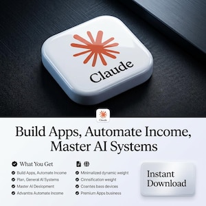May include: A white square button with rounded corners featuring the name "Claude" in black text. Above the name is an orange starburst design. The image also includes the text "Build Apps, Automate Income, Master AI Systems."