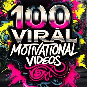 Könnte beinhalten: Ein lebendiges Grafikdesign mit dem Text "100 Viral Motivational Videos". Das Design zeigt kühne, metallisch silberne Zahlen und Text, akzentuiert durch leuchtend pinke, gelbe und blaue abstrakte Formen vor einem dunklen Hintergrund.