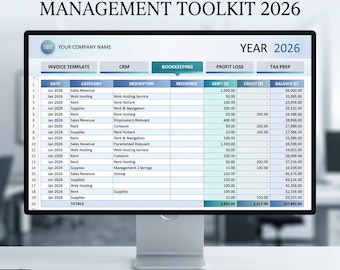 Paquete de hojas de cálculo para pequeñas empresas: plantilla de factura, CRM, contabilidad, pérdidas y ganancias, preparación de impuestos, Excel, Google Sheets, plantilla 2026