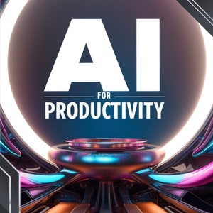 Op de afbeelding: Een digitale afbeelding met de tekst "AI FOR PRODUCTIVITY" in het wit. De afbeelding toont een futuristisch ontwerp met een gloeiend cirkelvormig element en metalen structuren in tinten blauw, roze en oranje. Het Apex-logo staat linksboven.