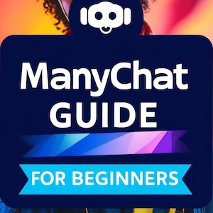 Peut inclure: Image promotionnelle avec une personne portant un bandeau rouge et une veste bleue. Un rectangle arrondi bleu foncé affiche le texte "ManyChat GUIDE FOR BEGINNERS" en blanc. Le logo Apex est dans le coin supérieur gauche.