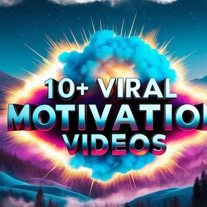 Könnte beinhalten: Digitalgrafik mit dem Text "10+ VIRAL MOTIVATION VIDEOS" in einem 3D-Metallstil. Der Hintergrund zeigt eine lebendige Landschaft mit Bergen, Bäumen und hellem, strahlendem Licht.