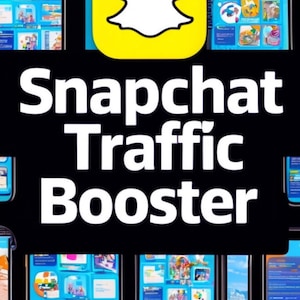 May include: Image features a yellow Snapchat logo with a white ghost outline, set against a black background. The text "Snapchat Traffic Booster" is prominently displayed in white. Several smartphone screens are visible, showcasing app interfaces.