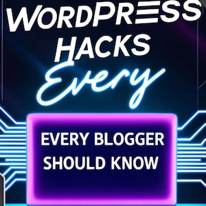 Pode incluir: Gráfico digital com o texto "WordPress Hacks Every Blogger Should Know" exibido na tela de um laptop. A imagem tem um fundo azul escuro com detalhes em azul neon e roxo, e o logotipo Apex.