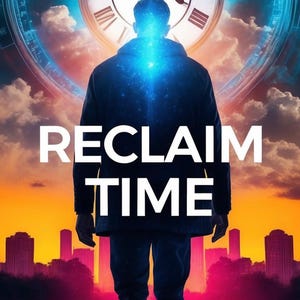 May include: Digital art featuring a person facing away from the viewer, with a large clock and the words "RECLAIM TIME" overlaid. The background shows a sunset over a city, with a logo at the bottom.
