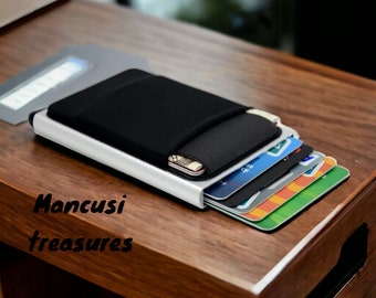 Thin Aluminum Wallet Featuring Elastic Back Pouch: Includes ID Credit Card Holder, Mini RFID Wallet, and Automatic Pop-up Bank Card Case