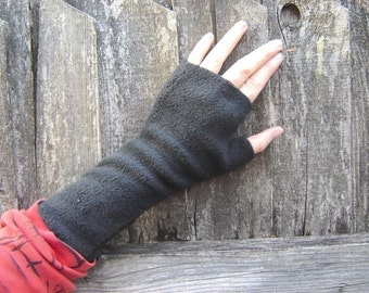 Wrist Warmers, fingerless gloves, BLACK, soft, washable fleece