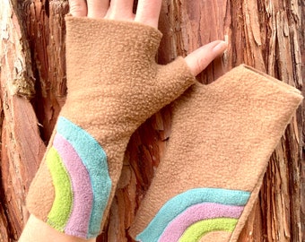 Fingerless Gloves, Spring Rainbow ,soft, washable fleece,