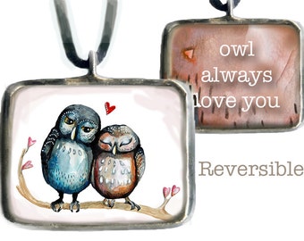 Love Owls the perfect love token, glass pendant, original art, valentine's day
