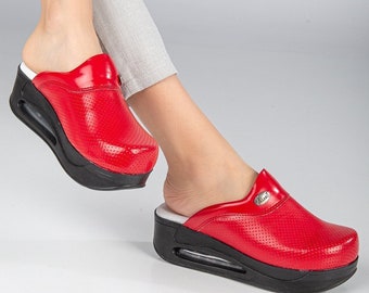Orthopedic Nurse Clogs, Red Faux Leather, Comfortable Heel