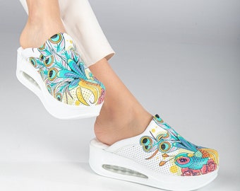Patterned Nurse Clogs, Orthopedic Doctor Slippers, Peacock Design