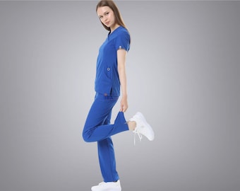 For women scrubs set,blue,cotton,lycra,doctor scrubs,medical uniform,hospital uniform,nurse,dentist,custom,embroidery scrubs,fast shipping