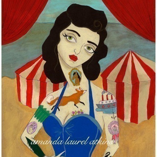 And with unspoken ease I was your pet -  vintage inspired tattooed lady print by Amanda Atkins