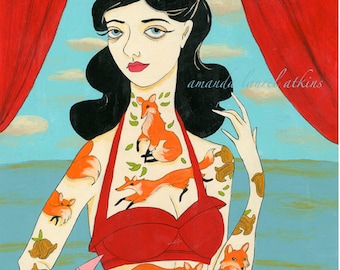 Tenderfoot print - vintage tattooed lady with foxes by Amanda Atkins