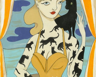 No fear of wonder Halloween vintage inspired tattooed lady 8x10 print by Amanda Atkins