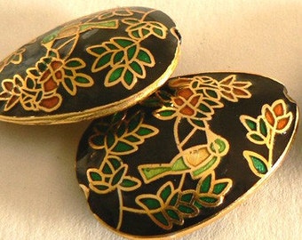 SALE 1pc 25x35x10mm Handmade Cloisonne Beads Flower Bird Bead Black Liquid Gold Pendant